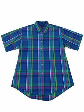 Andhurst Men’s Medium Plaid Button Down Shirt Blue Green Purple Short Sleeve